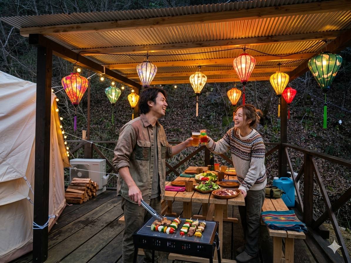 川辺で楽しむBBQ風景